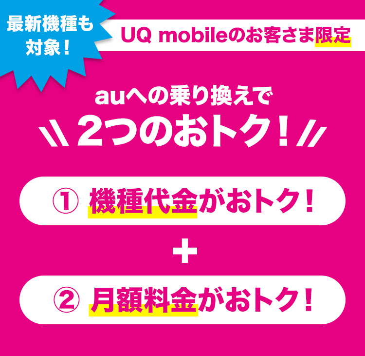 UQ mobileのお客さま限定 auへの乗り換えで2つのおトク！ ①機種代金がおトク！ + ②月額料金がおトク！ 最新機種も対象！