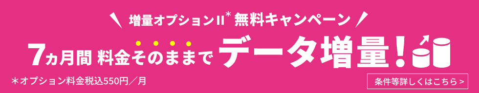 増量オプションII 無料キャンペーン 7ヵ月間料金そのままでデータ増量！ ※オプション料金550円（税込）／月 条件等詳しくはこちら