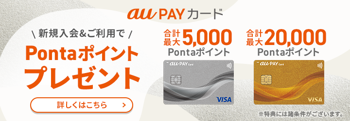au PAY カード 新規入会＆ご利用でPontaポイントプレゼント au PAY カード 合計最大5,000Pontaポイント au PAY ゴールドカード 合計最大20,000Pontaポイント ※特典には諸条件がございます。 詳しくはこちら