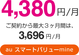 4,380円/月 ご契約から最大3ヶ月間は、3,696円/月 auスマートバリュー対応