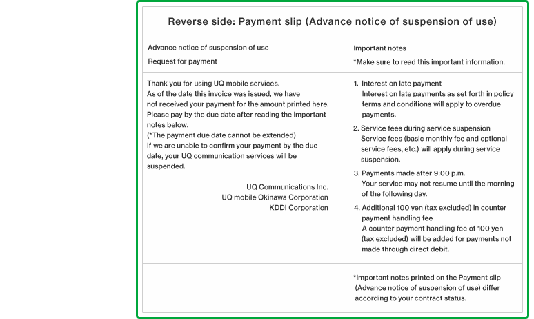 Reverse side: Payment slip (Advance notice of suspension of use)