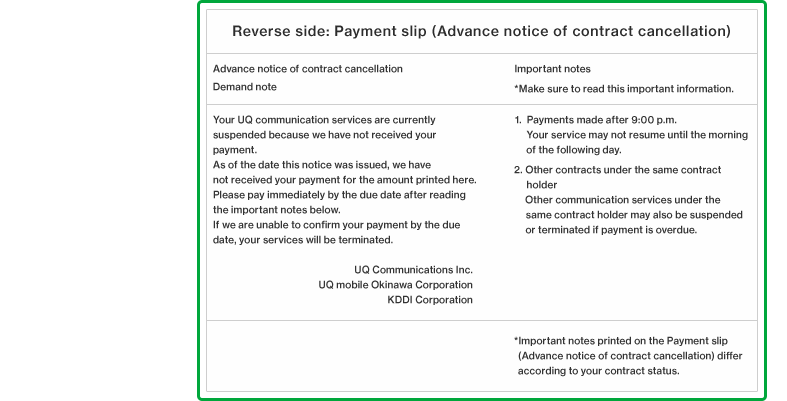 Reverse side: Payment slip (Advance notice of contract cancellation)