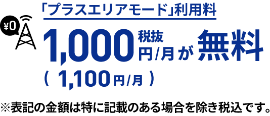 「プラスエリアモード」利用料 税抜1,000円/月が無料（1,100円/月）※表記の金額は特に記載のある場合を除き税込です。