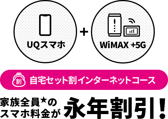 UQスマホ WiMAX +5G 自宅セット割インターネットコース 家族全員★のスマホ料金が永年割引！