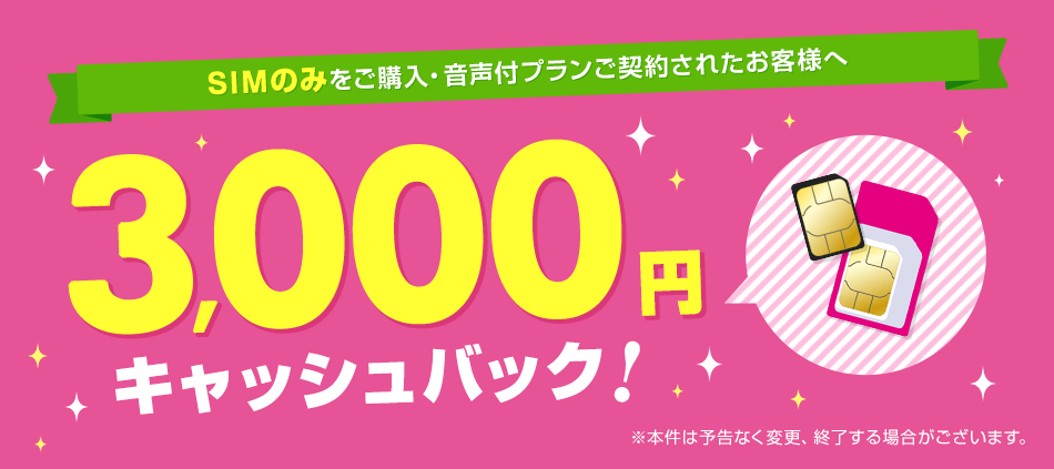 対象製品をご購入・ご契約されたお客様へ 3,000円キャッシュバック！ SIMのみのご購入・ご契約の方も対象！ ※適用条件は製品によって異なります。※本件は予告なく変更、終了する場合がございます。