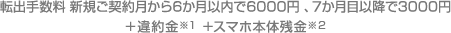 転出手数料 新規ご契約月から6か月以内で6,000円、7か月目以降で3,000円+違約金※1+スマホ本体代金※2