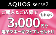 AQUOS SENSE2 ご購入&ご応募でもれなく3,000円分電子マネーギフトプレゼント!!
