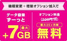 機種変更＋増量オプション加入でデータ容量ずーっと最大+7GB、オプション料金（500円/月）が最大25ヶ月間無料