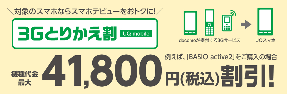 ＼対象のスマホならスマホデビューをおトクに！／ 3Gとりかえ割 UQ mobile 例えば、「BASIO active2」をご購入の場合 機種代金最大41,800円（税込）割引！