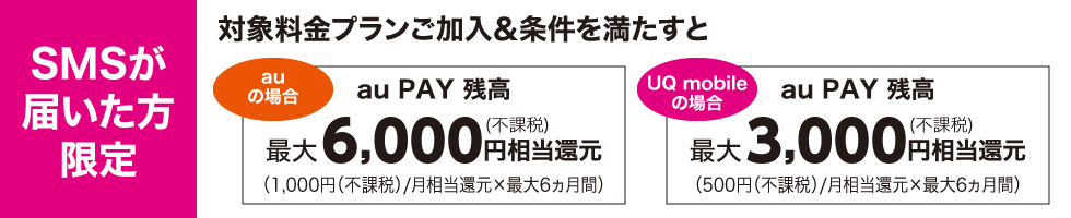 SMSが届いた方限定 対象料金プランご加入＆条件を満たすとau PAY残高を還元！