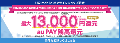 UQ mobile オンラインショップ限定 SIMのみのご契約および適用月から7カ月間無料の増量オプションⅡにご加入の方 auまたはpovoからののりかえ（MNP）は対象外 最大13,000円（不課税）還元 チャージ au PAY残高還元 条件など詳しくはこちら