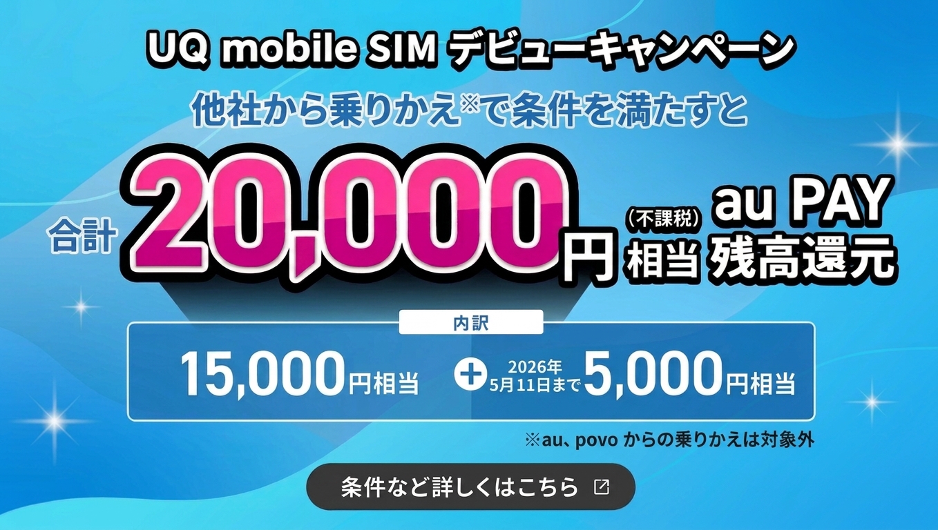 条件を満たすと、合計20,000円相当（不課税）au PAY 残高に還元します。