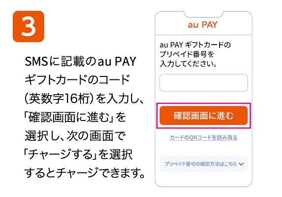 3 SMSに記載のau PAY ギフトカードのコード(英数字16桁)を入力し、「確認画面に進む」を選択し、次の画面で「チャージする」を選択するとチャージできます。