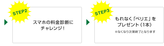 STEP2スマホの料金診断にチャレンジ！STEP3もれなく「ペリエ」をプレゼント（1本) なくなり次第終了となります