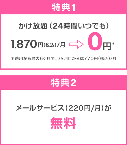 特典（1）：かけ放題（24時間いつでも）1,870円（税込）／月→0円※ ※適用から最大6ヶ月間。7ヶ月目からは770円（税込）／月、特典（2）：メールサービス（220円／月）が無料