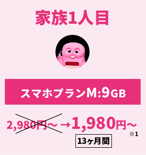 【家族1人目】スマホプランM:9GB／1,980円～〈13ヶ月〉※1