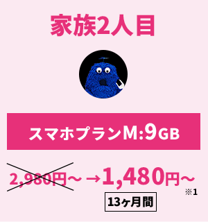 【家族2人目】スマホプランM:9GB／1,480円～〈13ヶ月〉※1