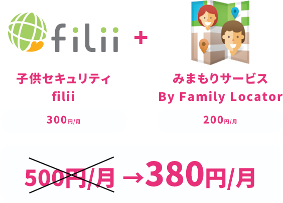 子供セキュリティfilii+みまもりサービス By Family Locator 500円/月 → 380円/月