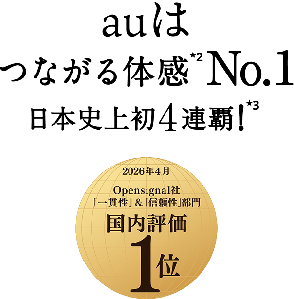 auはつながる体感★1No.1　日本史上初 4連覇！★2 2026年4月 Opensignal社「一貫性」＆「信頼性」部門 国内評価1位