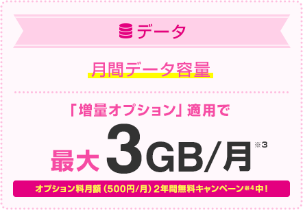 データ 月間データ容量 「増量オプション」適用で 最大2GB/月※3 オプション料月額(500円/月)2年間無料キャンペーン※4中!