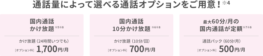 通話料によって選べる通話オプションをご用意!※4 かけ放題(10分/回) 国内通話は10分/回まで無料※5 700円/月 通話パック(60分/月) 国内通話は60分/月(2,400円分)まで無料※6 500円/月