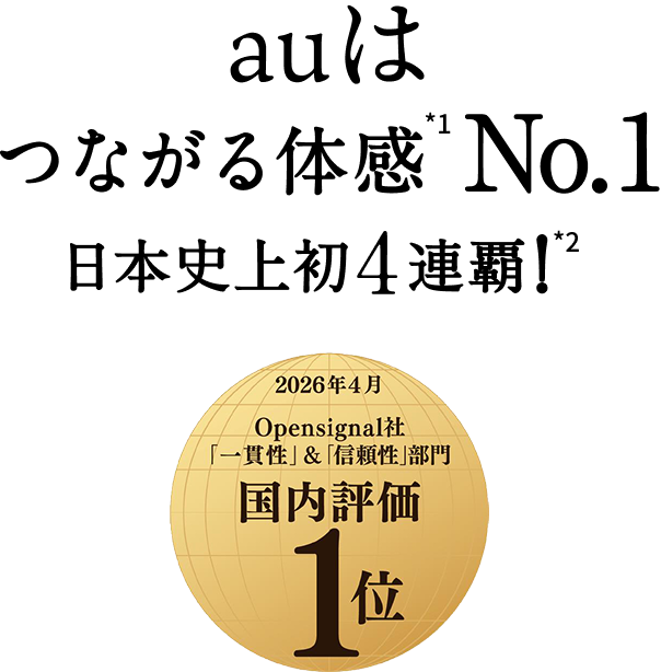 auはつながる体感★1No.1　日本史上初 4連覇！★2 2026年4月 Opensignal社「一貫性」＆「信頼性」部門 国内評価1位