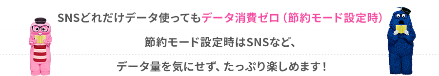 SNSどれだけデータ使ってもデータ消費ゼロ（節約モード設定時）節約モード設定時はSNSなど、データ量を気にせず、たっぷり楽しめます！