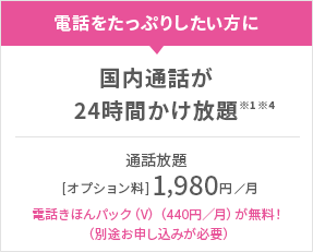 電話をたっぷりしたい方に 国内通話が24時間かけ放題※1※4 通話放題［オプション料］1,980円／月 電話きほんパック（V）（440円／月）が無料！（別途お申し込みが必要）