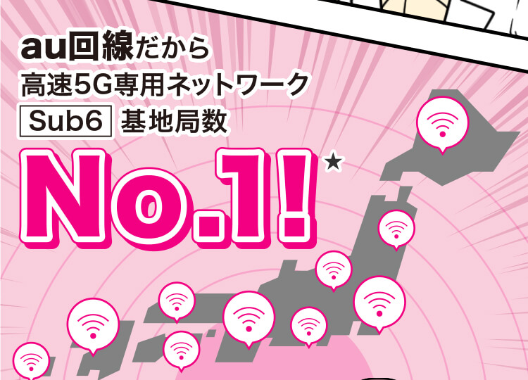 au回線だから高速5G専用ネットワークSub6基地局数No.1!