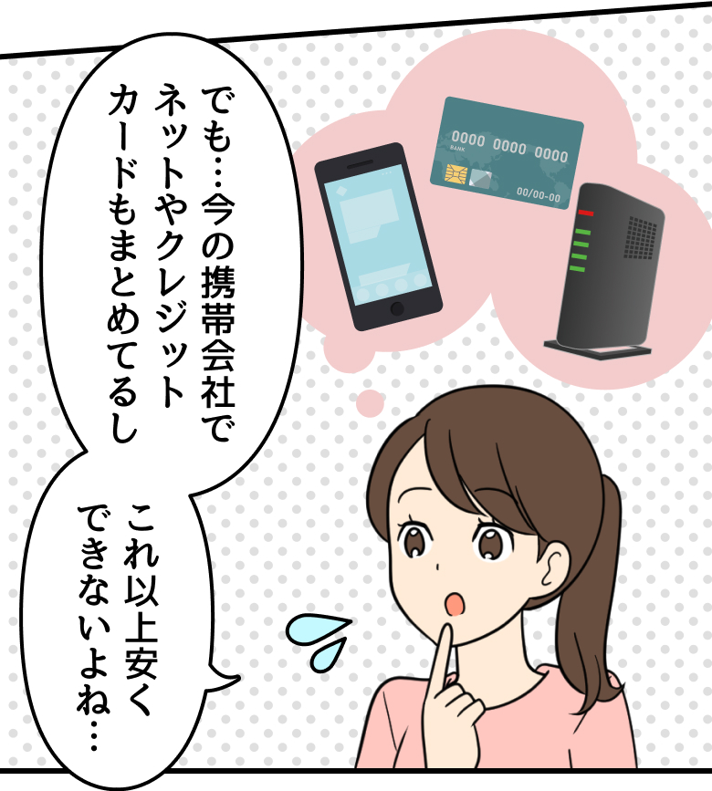 母：でも…今の携帯会社でネットやクレジットカードもまとめてるしこれ以上安くできないよね…