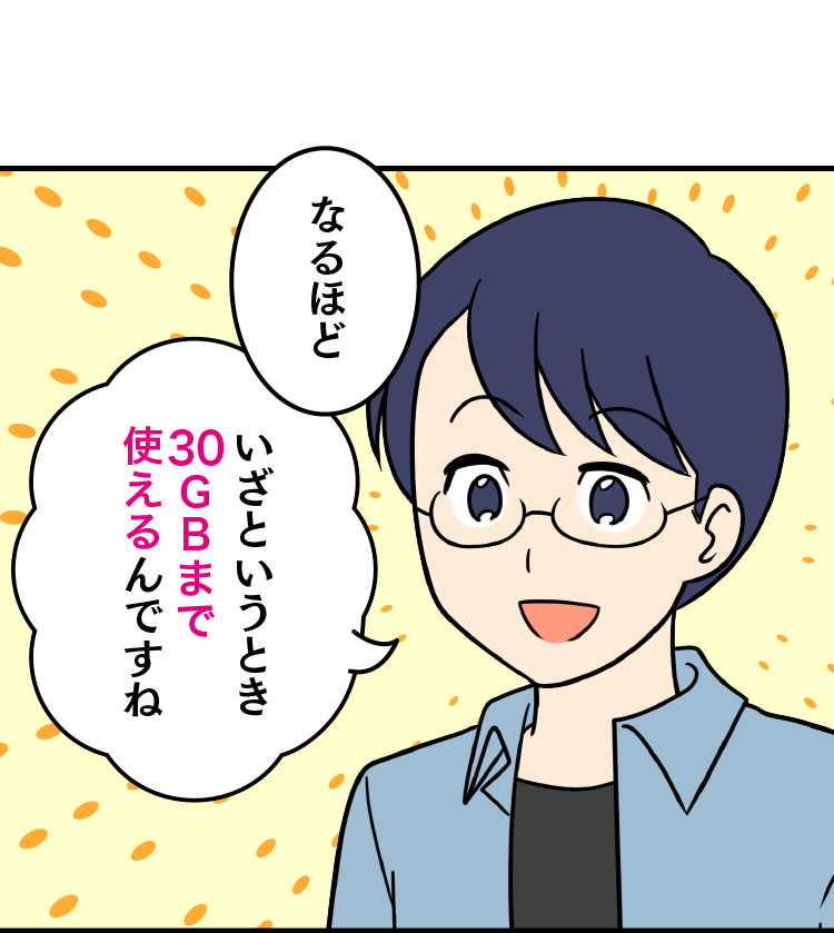 父：なるほど いざというとき30GBまで使えるんですね