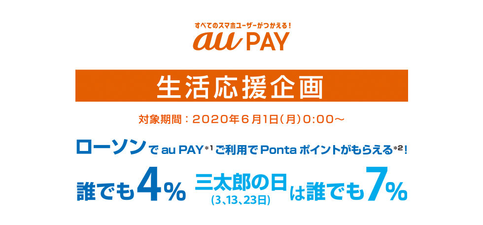 すべてのスマホユーザーがつかえる！au PAY 生活応援企画 対象期間：2020年6月1日(月)0:00～ ローソンでもau PAY*1ご利用でPontaポイントポイントがもらえる*2！ 誰でも4%三太郎の日(3,13,23)は誰でも7%
