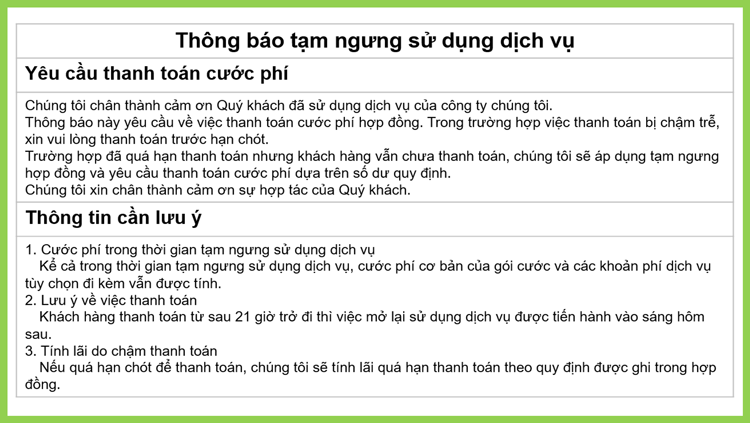 Thông báo tạm ngừng sử dụng dịch vụ