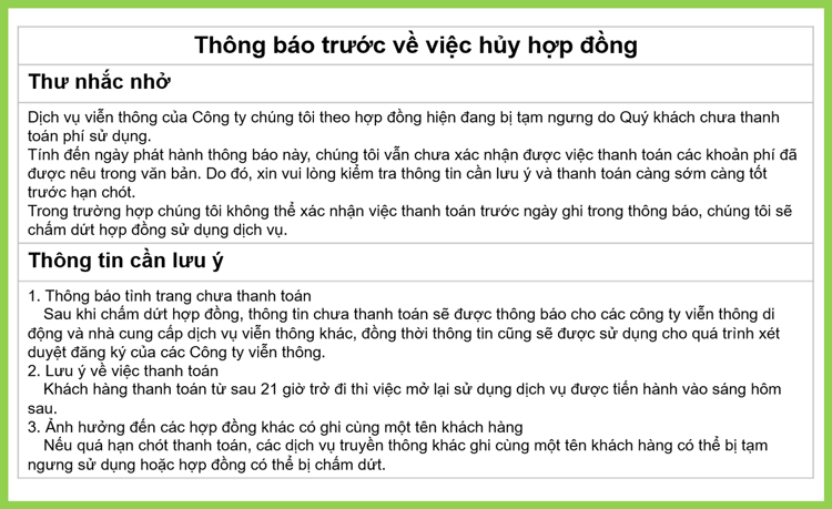 Biên lai yêu cầu thanh toán (Kèm thông báo hủy hợp đồng)