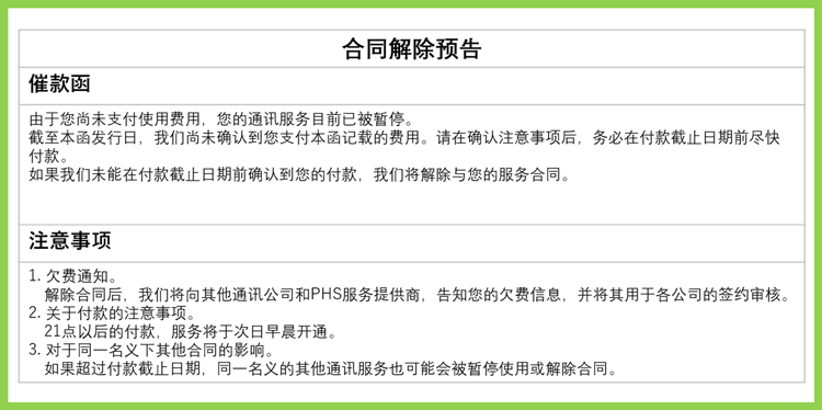 缴费单（合同终止预告）