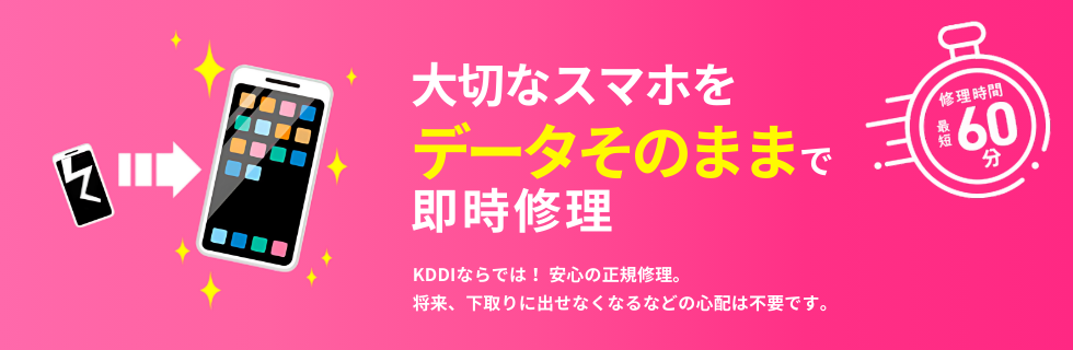 大切なスマホをデータそのままで即時修理 画面割れのスマホを店頭で修理し即日返却します。 安心の正規修理、大切なデータも残したままでOK！ 修理時間最短60分