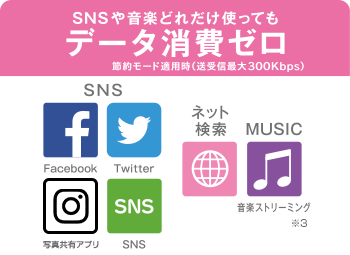 SNSや音楽どれだけ使ってもデータ消費ゼロ 節約モード適用時（送受信最大300Kbps）