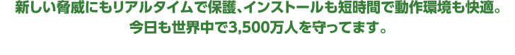 新しい脅威にもリアルタイムで保護、インストールも短時間で動作環境も快適。今日も世界中で3,500万人を守ってます。