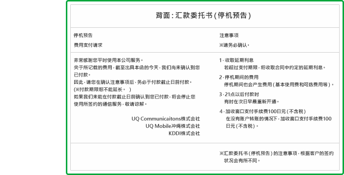 背面:汇款委托书(停机预告)