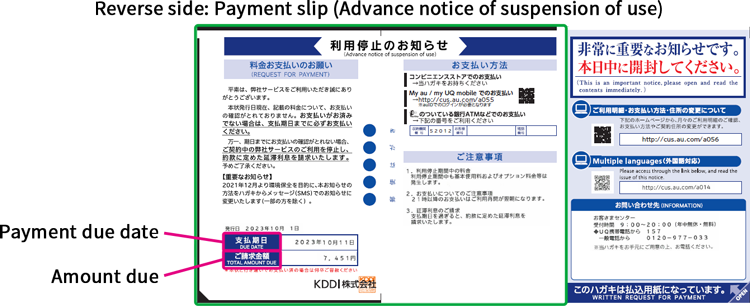 Reverse side: Payment slip (Advance notice of suspension of use)