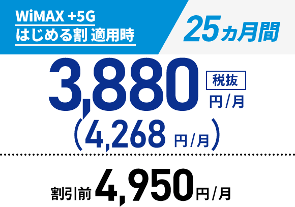WiMAX +5G はじめる割 適用時:25ヵ月間 4,268円/月(税込)/割引前:4,950円/月