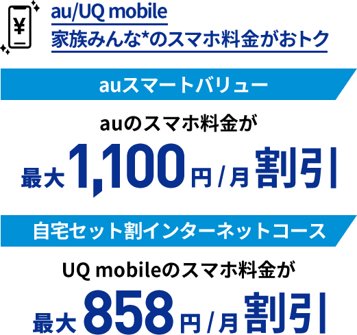 au/UQ mobile 家族みんな*のスマホ料金がおトク auスマートバリュー:auのスマホ料金が最大1,100円/月 割引 | 自宅セット割インターネットコース:UQ mobileのスマホ料金が最大858円/月 割引