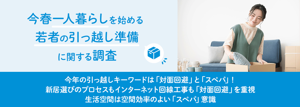 今春一人暮らしを始める若者の引っ越し準備に関する調査 今年の引っ越しキーワードは「対面回避」と「スペパ」！ 新居選びのプロセスもインターネット回線工事も「対面回避」を重視 生活空間は空間効率のよい「スペパ」意識