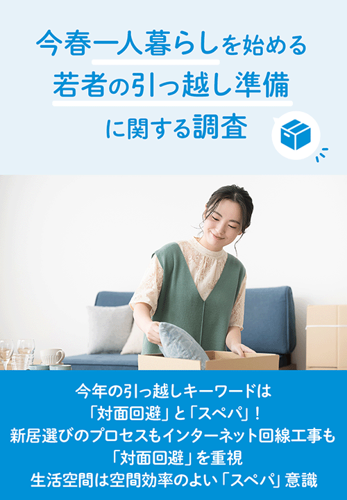 今春一人暮らしを始める若者の引っ越し準備に関する調査 今年の引っ越しキーワードは「対面回避」と「スペパ」! 新居選びのプロセスもインターネット回線工事も「対面回避」を重視 生活空間は空間効率のよい「スペパ」意識