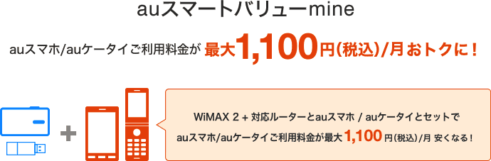 auスマートバリューmine auスマホ/auケータイの利用料金が最大1,100円（税込）/月※おトクに！ WiMAX 2+対応ルーターとauスマホ/auケータイとセットでauスマホ/auケータイご利用料金が最大1,100円（税込）/月安くなる！