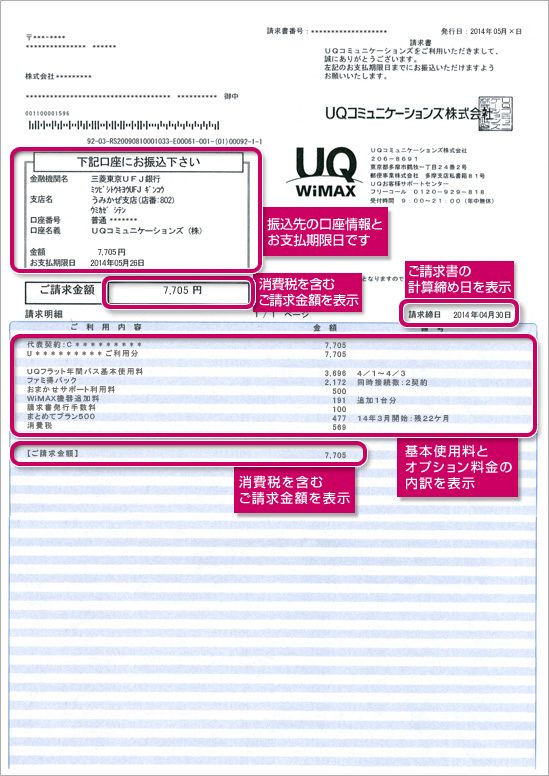 消費税を含むご請求金額を表示/ご請求書の計算締め日を表示/基本使用料とオプション料金の内訳を表示/商品ご購入料金の内訳を表示/消費税を含むご請求金額を表示