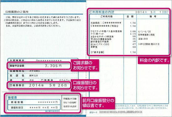 ご請求額のお知らせ/口座振替日のお知らせ/前月口座振替分の領収書/料金の内訳